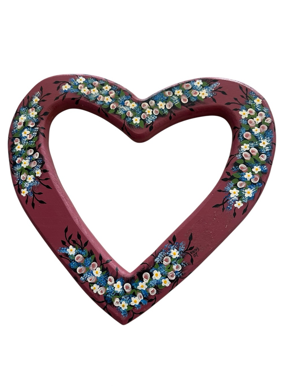 Vintage Maroon Heart Shaped Decoration With White flowers Wooden hand painted